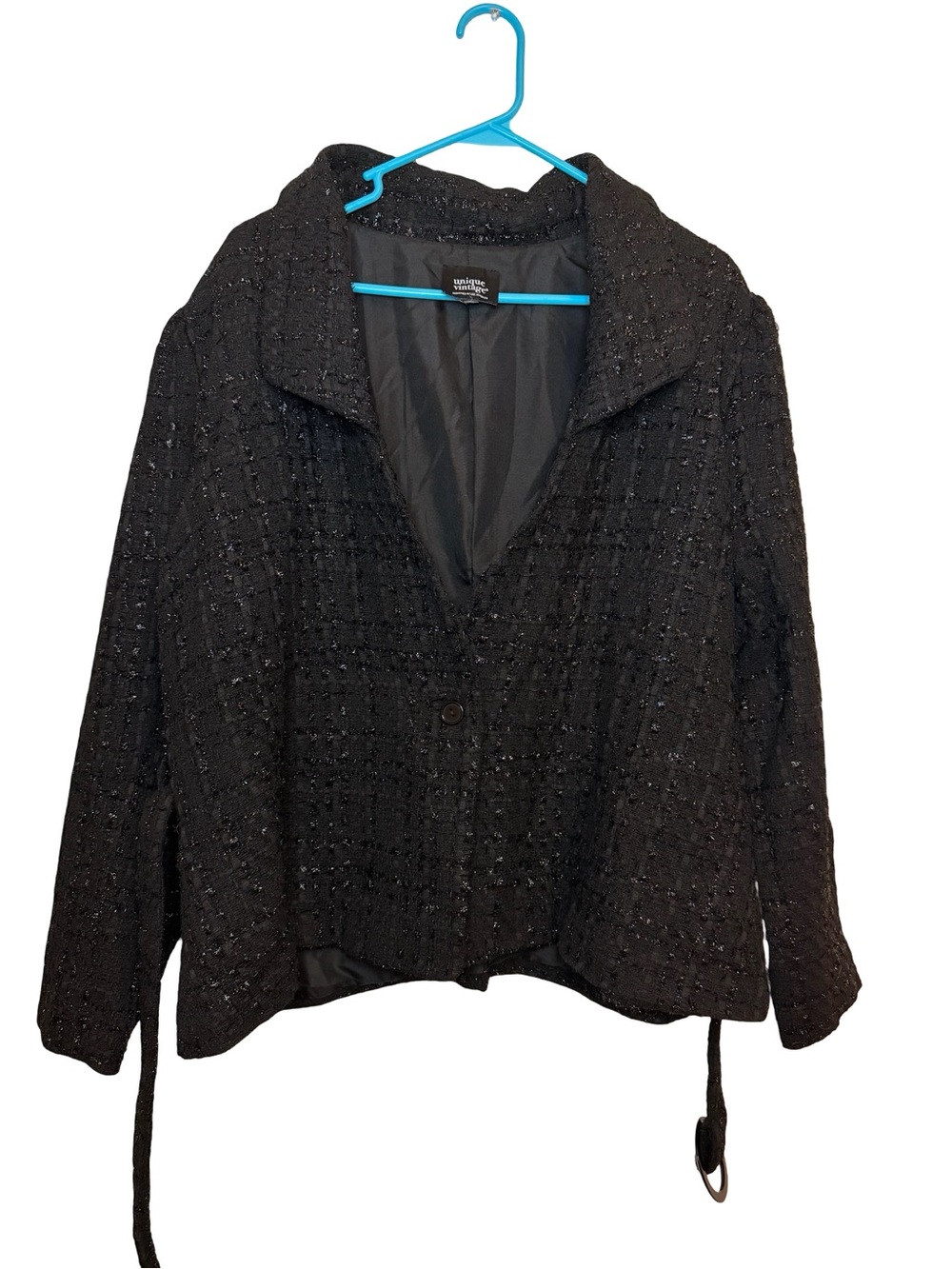 Unique Vintage Black Metallic Tweed Belted Blazer Jacket Boucle L/XL - Picture 4 of 7